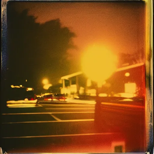 Image similar to colorful instant photograph of the middle of the street at night, polaroid, light leak, raw, nostalgic