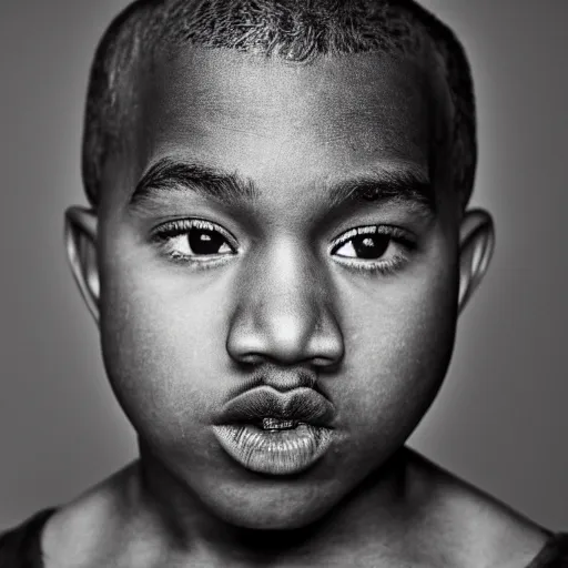 Image similar to the face of young kanye west wearing yeezy clothing at 1 2. 5 years old, black and white portrait by julia cameron, chiaroscuro lighting, shallow depth of field, 8 0 mm, f 1. 8