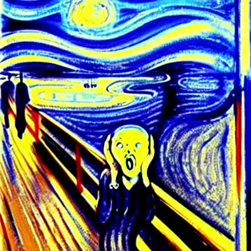 Prompt: painting of edvard munch's the scream with van gogh's the starry night in the background, detailed, unreal engine