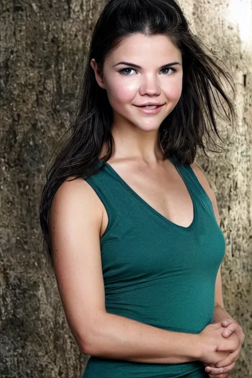 Prompt: fantasy character photo. facial expression of manic obsessive love. danielle campbell. black hair in ponytail. bright blue eyes. tall, lanky, athletic, wiry. sleeveless light green dress. gleefully telling a bs story full of lies