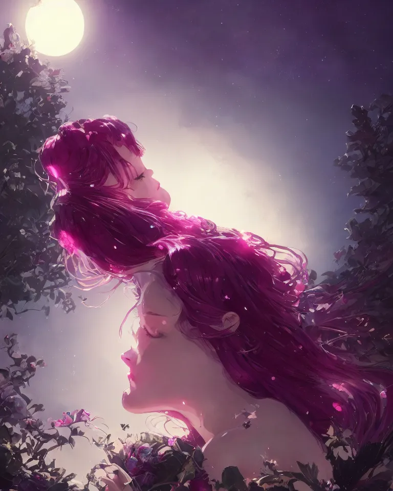 Prompt: a highly detailed image of A beautiful woman basking in the moonlight, with medium length magenta hair, and tall tree, and large obsidian crystals, cinematic lighting, dramatic atmosphere, by Dustin Nguyen, Akihiko Yoshida, Greg Tocchini, Greg Rutkowski, Cliff Chiang, 4k resolution, trending on artstation