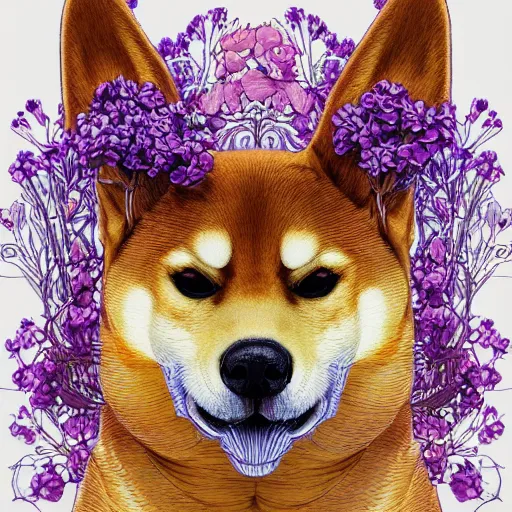 Prompt: the head of an incredibly elegant and beautiful shiba partially made of potatoes and violets, an ultrafine detailed illustration by james jean, final fantasy, intricate linework, bright colors, behance contest winner, vanitas, angular, altermodern, unreal engine 5 highly rendered, global illumination, radiant light, detailed and intricate environment