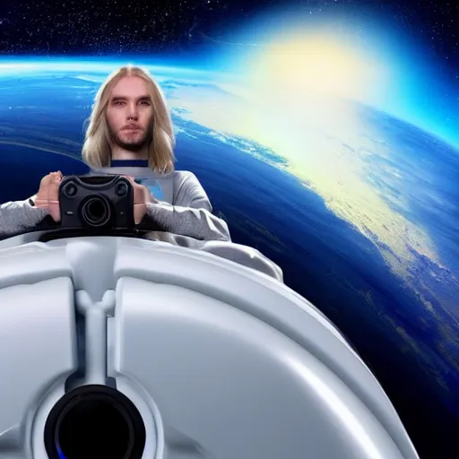 Image similar to skinny guy with long blond hair plays playstation 5 in space