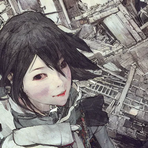 Prompt: cute japanese girl with small horns, dressed in an old white coat, praying on the floor of a destroyed church, with an elegant smile, view from above, detailed artwork by Yoji Shinkawa