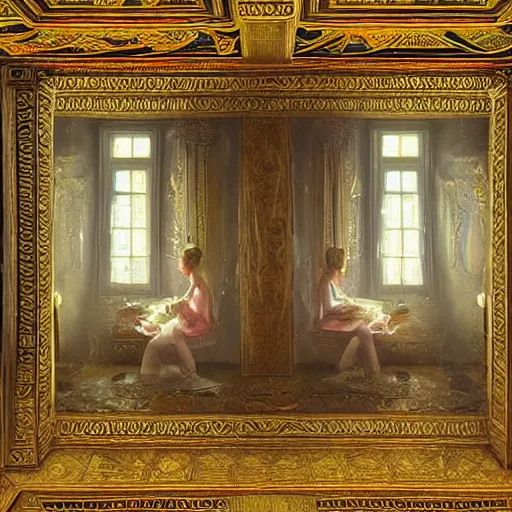 Image similar to udmurt twins uncovering the mysteries of long forgotten room with a starlit ceiling, in the style of konstantin razumov, detailed faces, extremely detailed