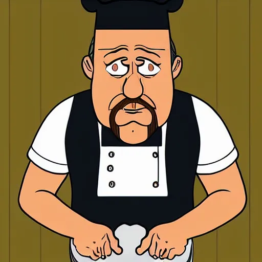 Prompt: portrait of a sad cook or chef looking at the camera, cartoon, digital art, symmetrical face