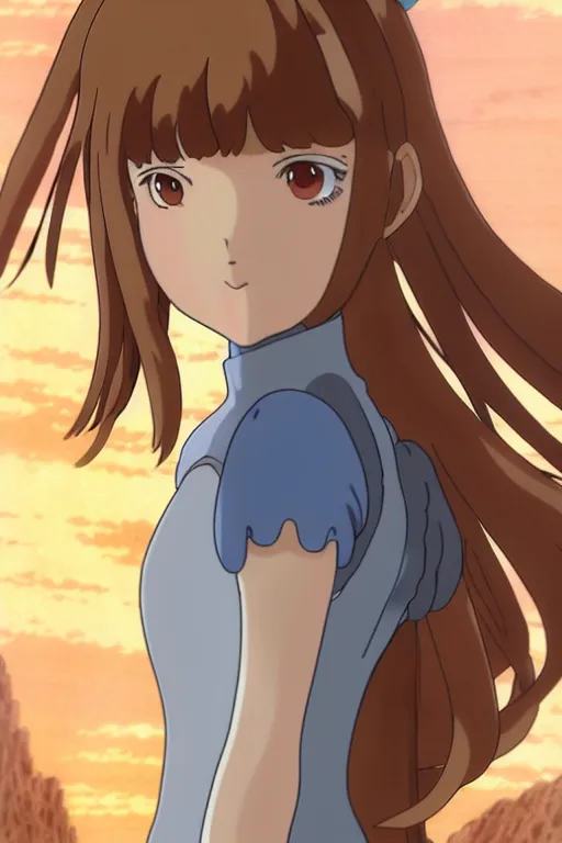 Prompt: anime art full body portrait character nausicaa concept art, anime key visual of elegant young female, brown hair and large eyes, finely detailed perfect face delicate features directed gaze, sunset in a valley, trending on pixiv fanbox, studio ghibli, extremely high quality artwork by hayao miyazaki by kushart krenz