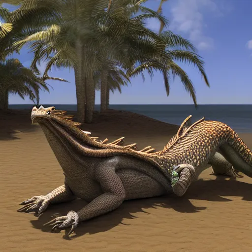 Image similar to Photorealistic award-winning anthromorphic dragon relaxing in a beach, 3D, as coherent as Dall-E 2