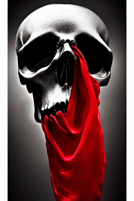 Image similar to chrome cyclops skull statue layed on a red silk fabric, by hedi xandt and antonio corradini, macabre art, dark surrealism, epic and cinematic view, volummetric light, texturized, detailed, 8 k