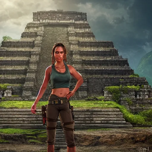 Prompt: portrait of alicia vikander posing in front of a maya temple as lara croft, unreal engine, volumetric lighting, concept art, trending on artstation