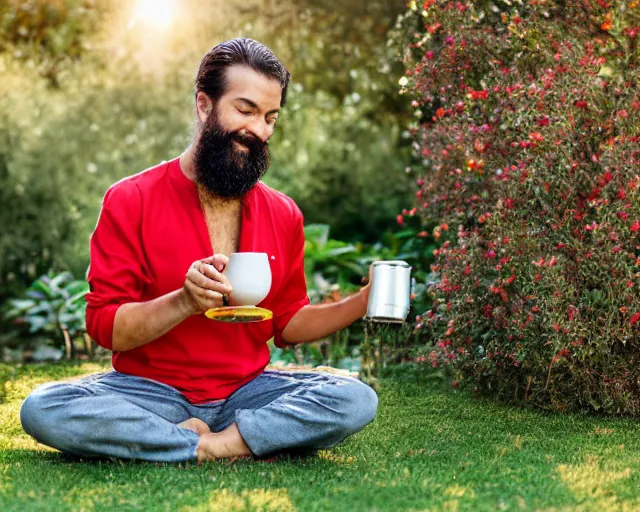 Prompt: mr robert is drinking fresh tea, smoke weed and meditate in a garden from spiral mug, detailed smiled face, short beard, golden hour, red elegant shirt