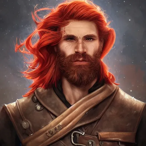 Prompt: rugged ship captain, male, handsome, flowing red hair, fantasy, detailed face, ruggedly handsome, intricate, elegant, highly detailed, piercing eyes, steampunk, digital painting, artstation, concept art, character art, smooth, sharp focus, illustration, art by artgerm