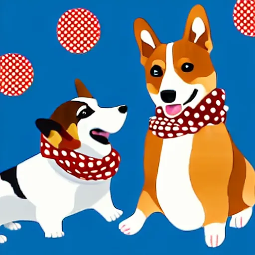 Image similar to illustration of french boy in paris playing football against a corgi, the corgi is wearing a polka dot scarf