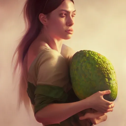 Image similar to lauren walsh lovingly cradling an avacado, fullbody, ultra high detailed, oil painting, greg rutkowski, charlie bowater, yuumei, yanjun cheng, lauren walsh, unreal 5, daz, hyperrealistic, octane render, rpg portrait, dynamic lighting, fantasy art, beautiful face