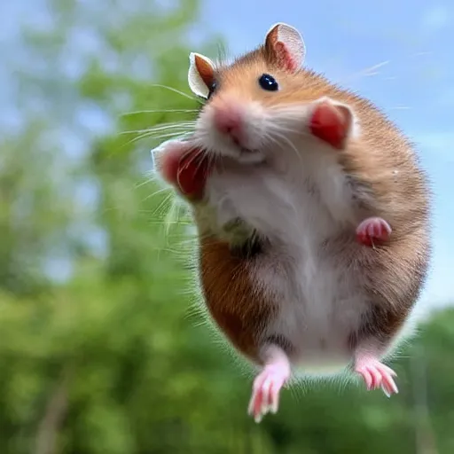 Image similar to a photo of a hamster flying using a jetpack while launching missiles at the camera