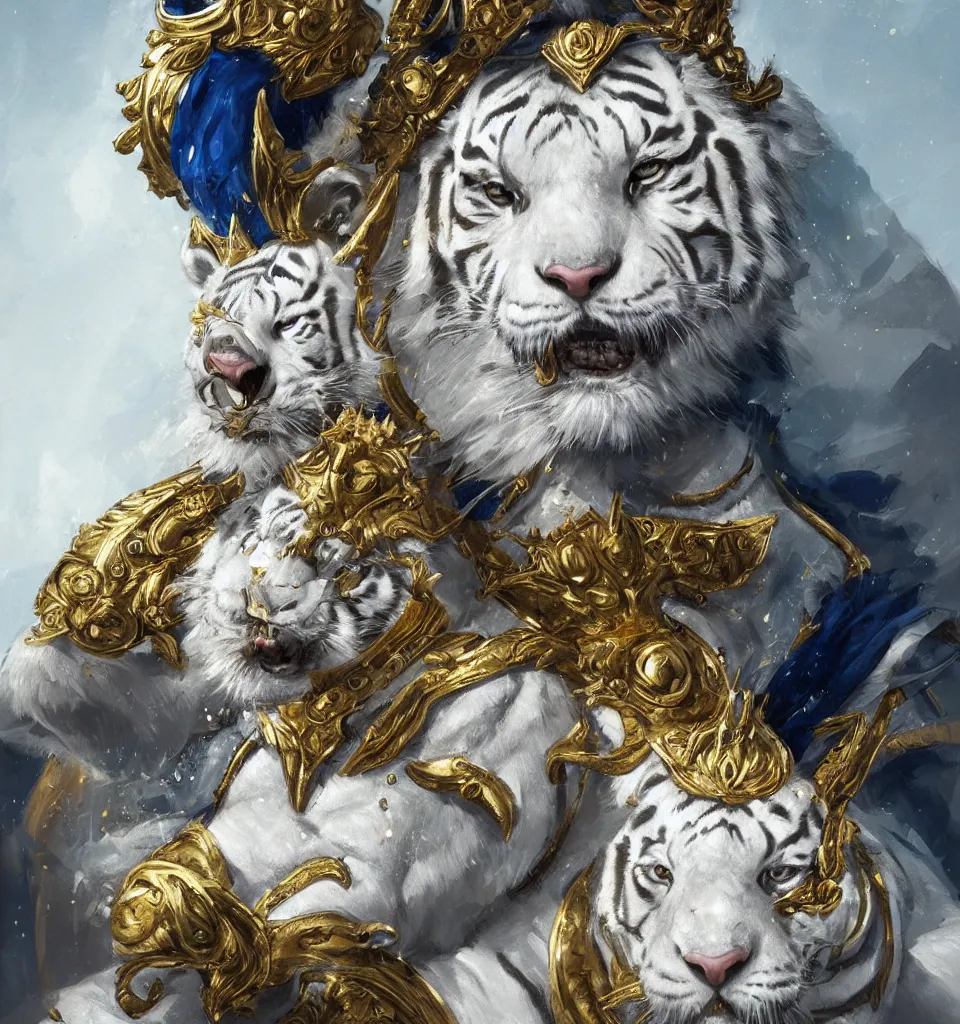 Image similar to artwork of a white tiger king with gold crown and blue king suit, concept art, portrait, super detailed, 4 k hd, trending on artstation, digital painted, low contrast, made by greg rutkowski and viktoria gavrilenko