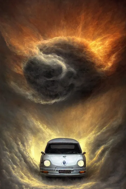 Image similar to Intricate stunning highly detailed FIAT 600 White from the 60s by agostino arrivabene and Vladimir Kush, surreal, digital painting, ultra realistic, Horror vacui, dramatic lighting, full moon, thick black swirling smoke tornado, burning fire embers, artstation