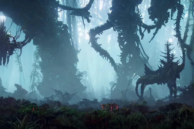 Image similar to wide epic shot from horizon forbidden west. a hyper detailed organic mechanic creatuve realistic similar look as horizon forbidden west horizon zero dawn, bioluminiscence in a dark deep forest at dawn in spring, with reflection and textures, by kilian eng, substance painter reaslitic mech surface metal painted scratches, world env from horizon forbidden west horizon zero dawn