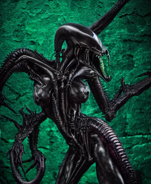 Image similar to xenomorph queen goth model hybrid, dragon eggs, dark emerald mist colors, giger background liminal void, cinematic lighting, realistic, award winning photograph, various refining methods, micro macro autofocus