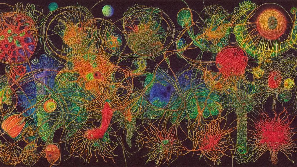 Prompt: quantum connections represented as symbiotic organisms like cells playing around with colorful lights by ernst haeckel, sharp