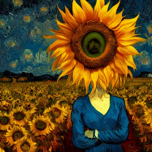 Image similar to closeup, giant sunflower head, woman standing in a room, surreal, dramatic light, impressionist painting, digital painting, artstation, van gogh