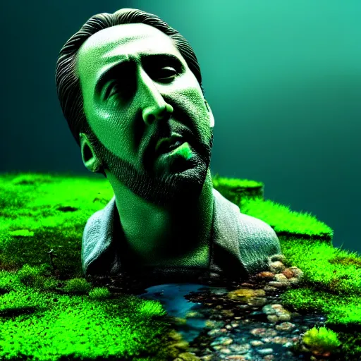 Image similar to Nicolas Cage underwater mossy statue, green moss all over, bottom of the ocean, deep ocean, bottom of ocean, dark, 35mm, fish, 4k, detailed, photorealistic, photo, unreal engine 5, Atlantis