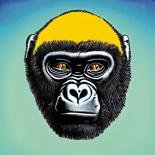 Image similar to gorilla illustrated in the style of can's tago mago album cover