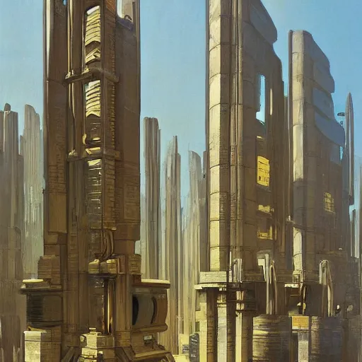 Image similar to painting of a scifi ancient civilzation victorian, brutalist architecture, syd mead