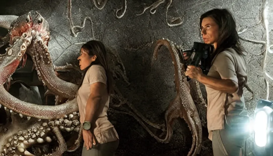 Image similar to Big budget horror movie, a woman watches in horror as a cyborg fights a giant squid