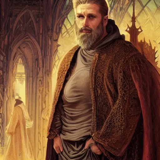 Prompt: highly detailed picture of a man with holes in his robes, religious man wearing clothes with huge rips, destroyed clothes, medieval background, mystic, d & d, fantasy, intricate, elegant, highly detailed, digital painting, artstation, concept art, smooth, sharp focus, illustration, art by artgerm and greg rutkowski and alphonse mucha