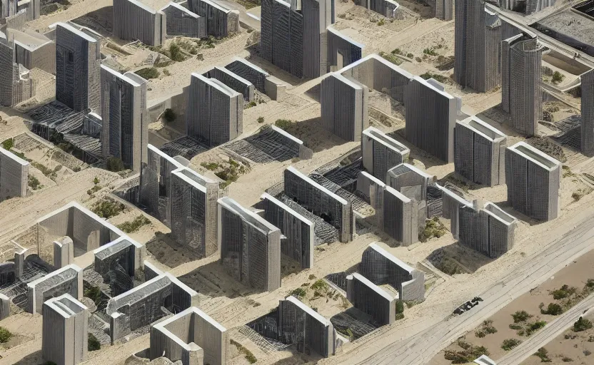 Image similar to parametric structure, residential complex with 2 towers, in the desert beside the gulf, view from above, design by peter zumthor, dezeen, architectural photography