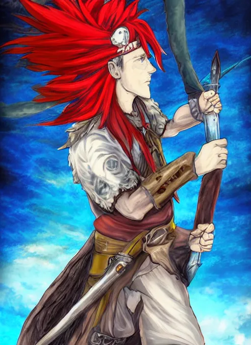 Image similar to An epic fantasy pokemon anime style portrait painting of a long haired, red headed male sky-pirate in front of an airship