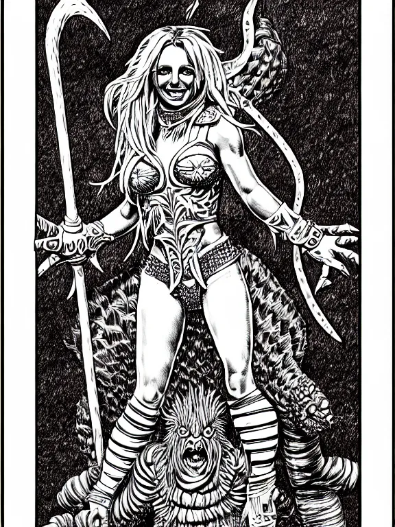 Image similar to britney spears as a d & d monster, full body, pen - and - ink illustration, etching, by russ nicholson, david a trampier, larry elmore, 1 9 8 1, hq scan, intricate details, inside stylized border