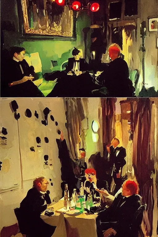 Image similar to glam rockers drinking wine, inside a tiny green room with red lights by joaquin sorolla, greg rutkowski, bill sienckiwicz, extremely detailed