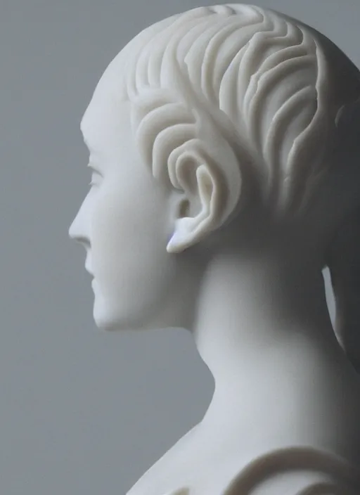 Image similar to a woman's face in profile, made of exquisitely carved ivory, in the style of the Dutch masters and Gregory Crewdson, dark and moody