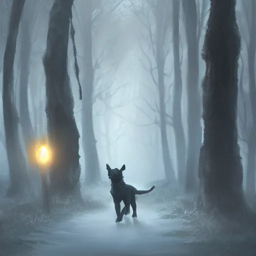 Prompt: A spectral dog following you through the woods, 8k resolution matte grimdark fantasy painting, cinematic lighting, DeviantArt Artstation, by Brom
