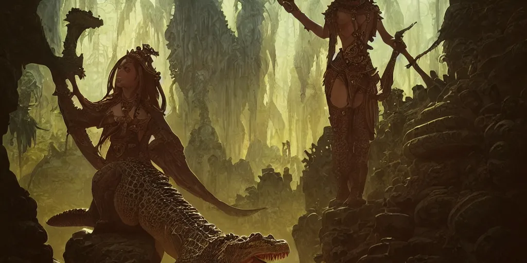 Image similar to crocodile lair priestess ceremony, deep focus, d & d, fantasy, intricate, elegant, highly detailed, digital painting, artstation, concept art, matte, sharp focus, illustration, hearthstone, art by artgerm and greg rutkowski and alphonse mucha