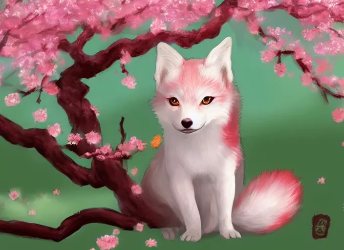 Prompt: cute little kitsune in a cherry blossom tree. trending on artstation.