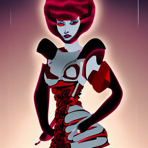 Image similar to a feminine cyborg designed to look like a moth in a cabaret style dress, digital art,