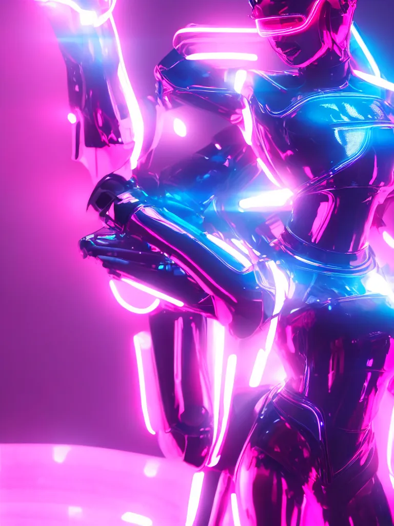 Image similar to cinematic, portrait photography, a beautiful beyonce android, perfect body, blue chrome armor, neon holographic ui data displays, pink space gun, hajime sorayama, masamune shirow, tron, octane rendered, 4 k, lens flare,