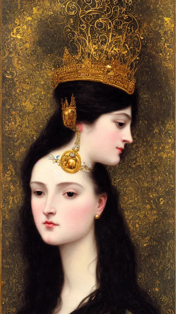 Image similar to painting portrait of a beautiful black haired woman with pale skin and a crown on her head sitted on an intricate metal throne, intricate, elegant, digital painting, smooth, sharp focus, shiny gold, realistic gold, realistic metal, by william - adolphe bouguereau and gustav klimt,