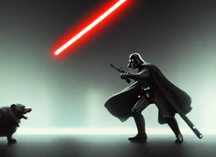 Image similar to a Photorealistic dramatic hyperrealistic render of darth vader with lightsaber drawn facing off against a calm cute corgi in battle, futuristic star wars vibe, by WLOP and Artgerm and Greg Rutkowski and Alphonse Mucha, Beautiful dynamic dramatic dark moody lighting, shadows, cinematic atmosphere, Artstation, concept design art, Octane render, 8K, masterpiece, sharp focus