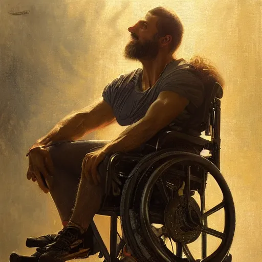 Image similar to handsome portrait of a wheelchair guy fitness posing, radiant light, caustics, war hero, playing wheelchair basketball, by gaston bussiere, bayard wu, greg rutkowski, giger, maxim verehin