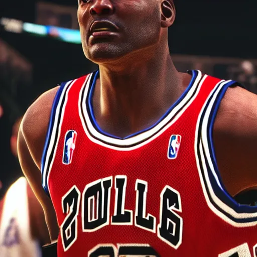 Image similar to close - up screenshot of michael jordan in nba 2 k 2 3, video game for the playstation 4, depth of field, hyperdetailed, 4 k, 8 k