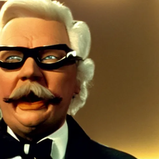 Prompt: A movie still of Colonel Sanders as a 1980s supervillian