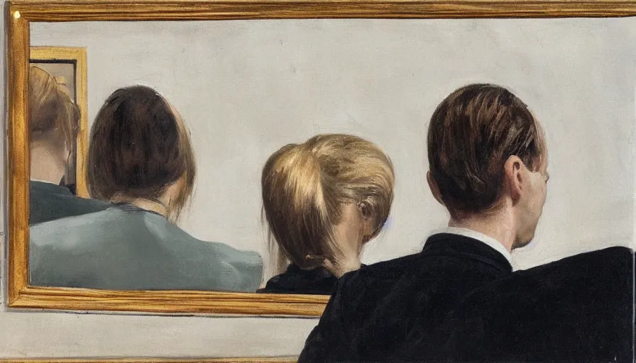 Image similar to painting by borremans, man back standing in front on the mirror and blond woman in cabriolet car sitting, detailed, stunning