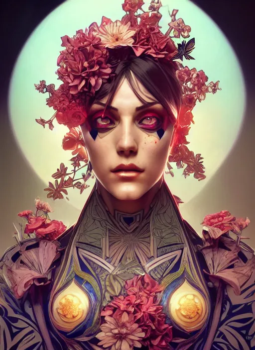 Image similar to symmetry!! portrait of floral! borderlands 3 psycho, intricate, elegant, highly detailed, digital painting, artstation, concept art, smooth, sharp focus, illustration, art by artgerm and greg rutkowski and alphonse mucha, 8 k