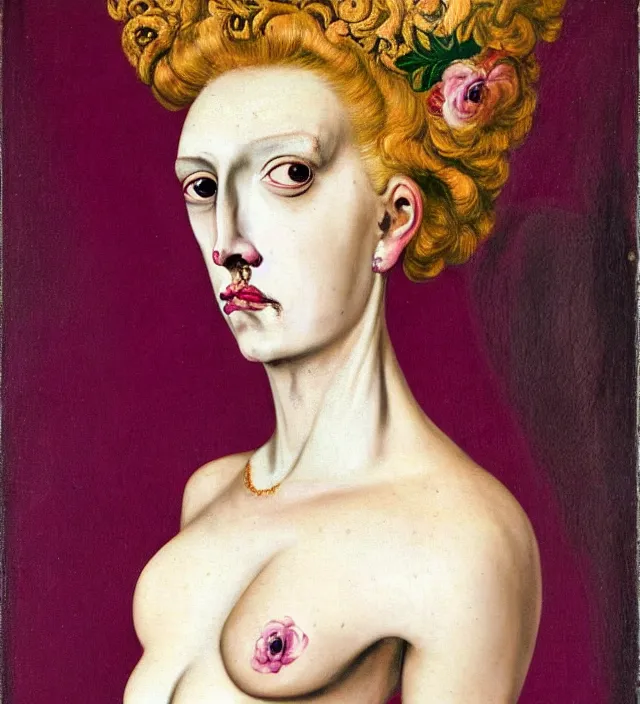 Image similar to baroque portrait of a blonde princess of porceline skin, full body floral tattoos, by francis bacon