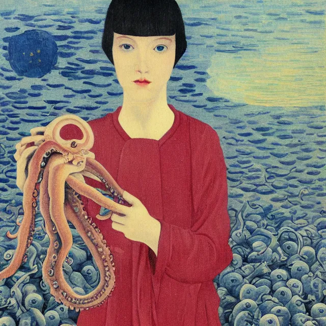 Image similar to tall emo girl artist holding an octopus, in odawara, books, small portraits, gourds, berries, pigs, acrylic on canvas, surrealist, by magritte and monet