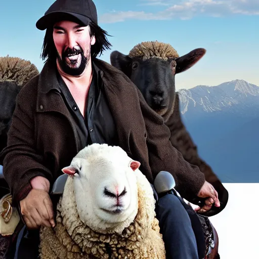 Image similar to morbidly obese keanu reeves riding a sheep, photo, detailed, 4 k